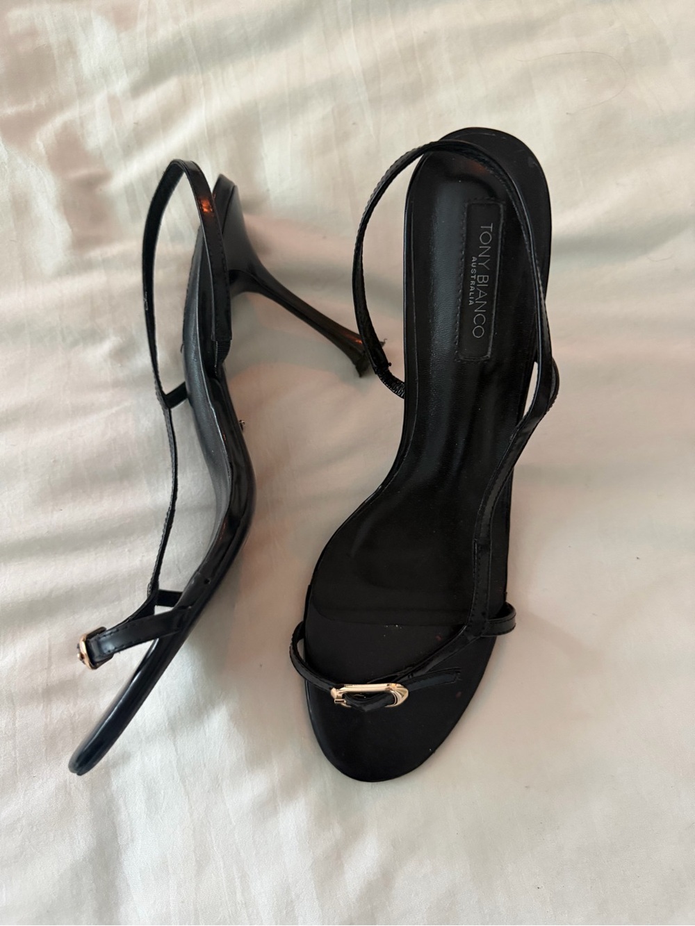 Tony bianco Black Leather Slingback Stiletto Heels with Gold Buckle